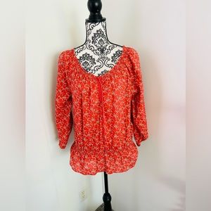 Lauren Jeans Co Women’s Red Boho Lace Up Long Sleeve Peasant Cotton Top